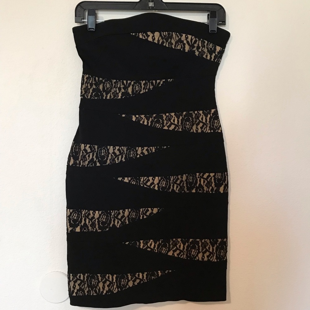 Ruby Rox Strapless Dress with Black and Tan Lace